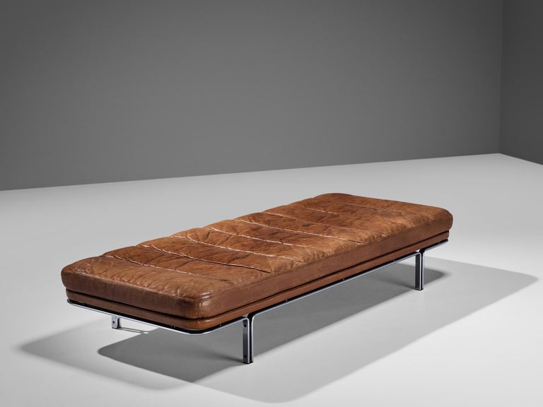 Horst Brüning Daybed in Original Brown Leather and Chrome