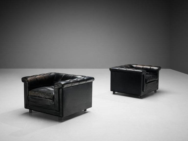 Pair of Cubic Lounge Chairs in Black Leather