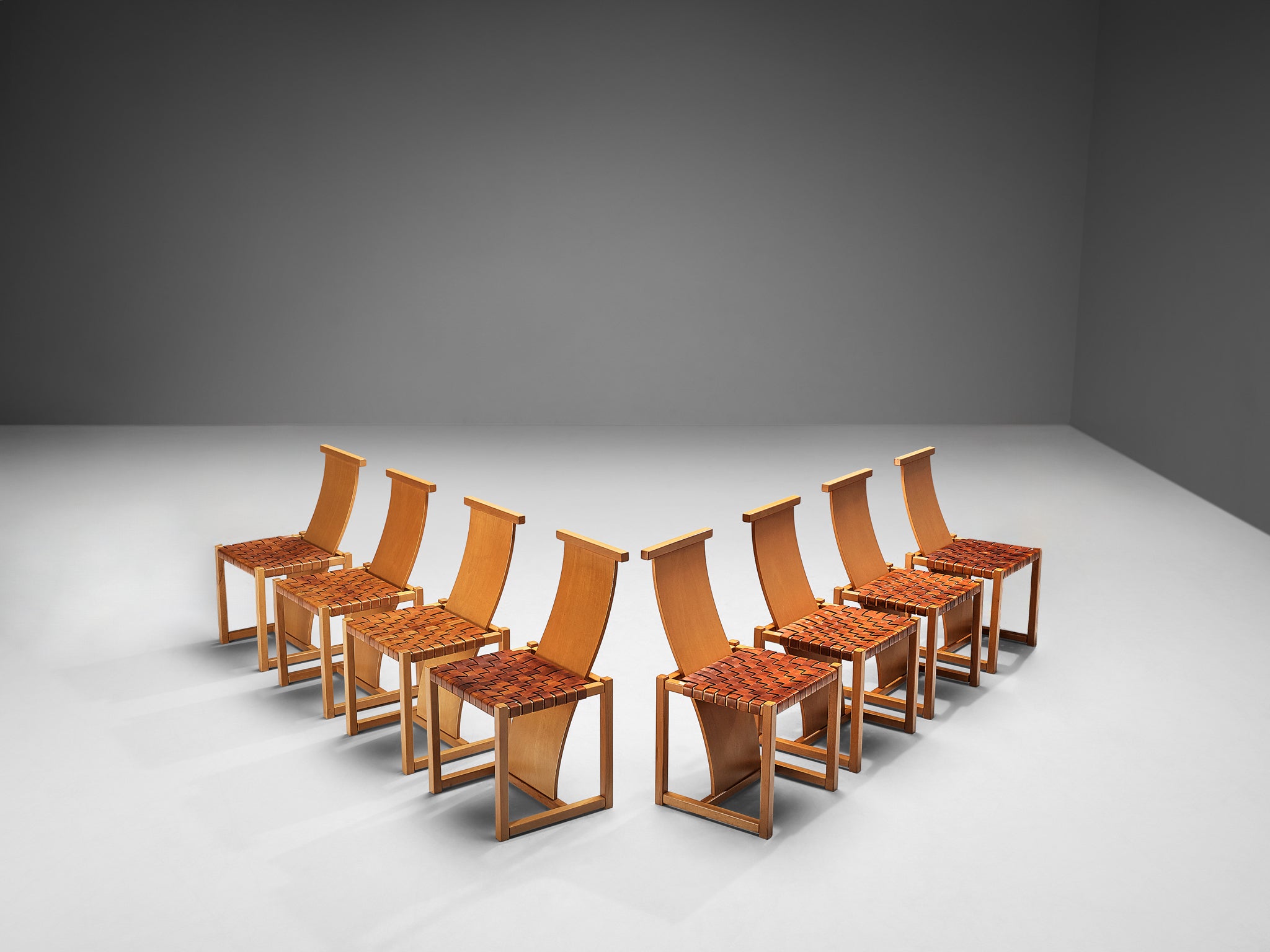 Italian Set of Eight Dining Chairs with Woven Leather Seats