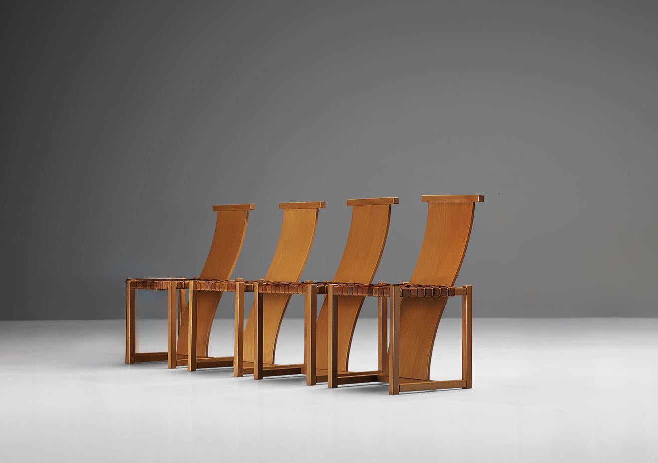 Italian Set of Four Dining Chairs with Woven Leather Seats