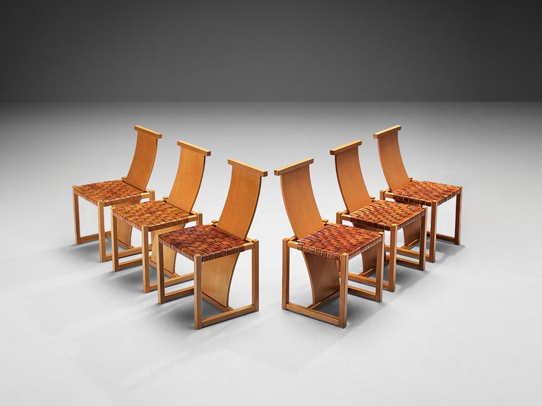 Italian Set of Six Dining Chairs with Woven Leather Seats