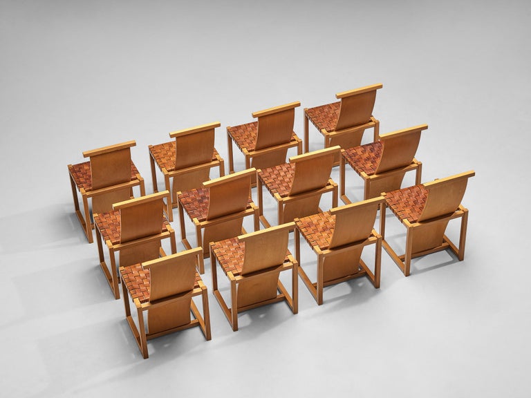 Italian Set of Twelve Dining Chairs with Woven Leather Seats