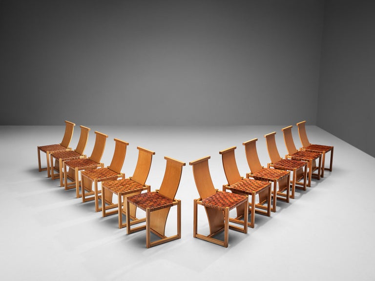 Italian Set of Twelve Dining Chairs with Woven Leather Seats