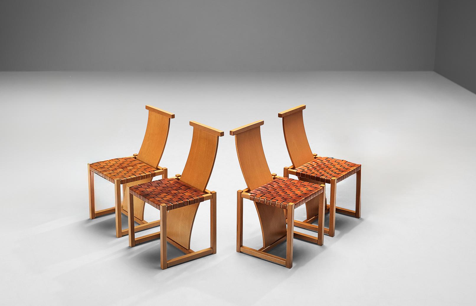 Italian Set of Four Dining Chairs with Woven Leather Seats