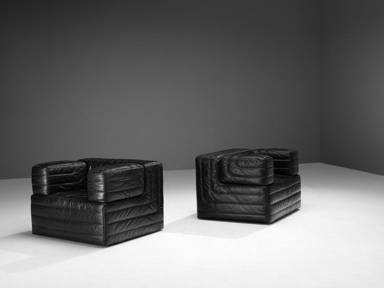 Italian Pair of Cubic Lounge Chairs in Black Leather