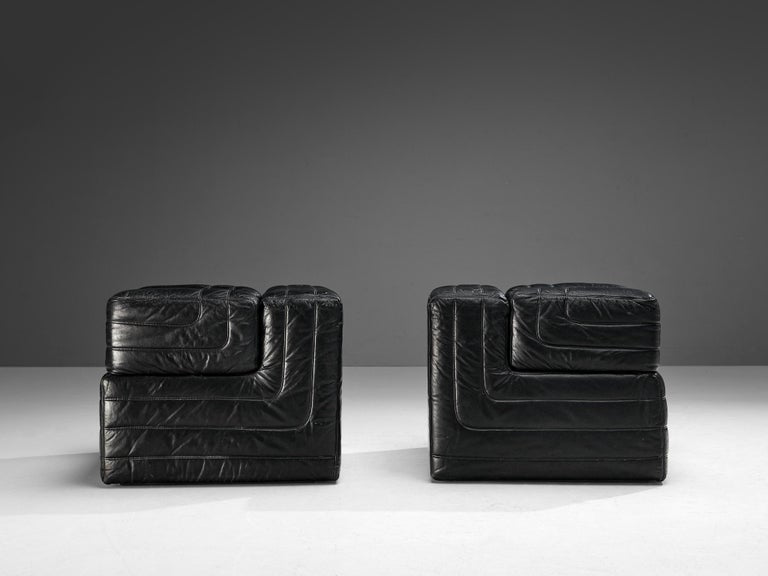 Italian Pair of Cubic Lounge Chairs in Black Leather