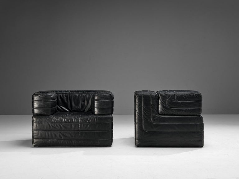 Italian Pair of Cubic Lounge Chairs in Black Leather