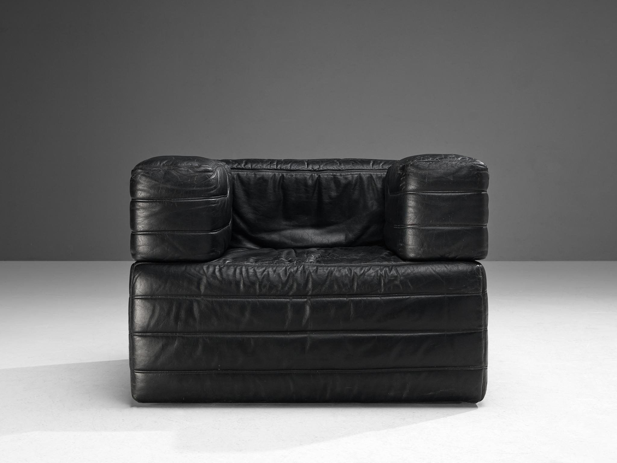 Italian Cubic Lounge Chair in Black Leather