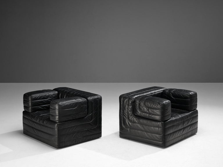 Italian Pair of Cubic Lounge Chairs in Black Leather