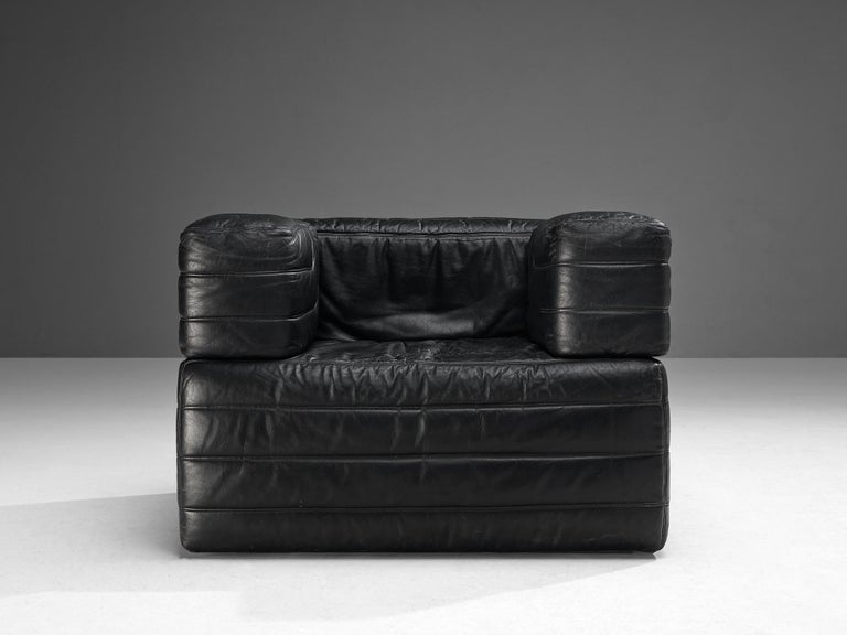 Italian Pair of Cubic Lounge Chairs in Black Leather