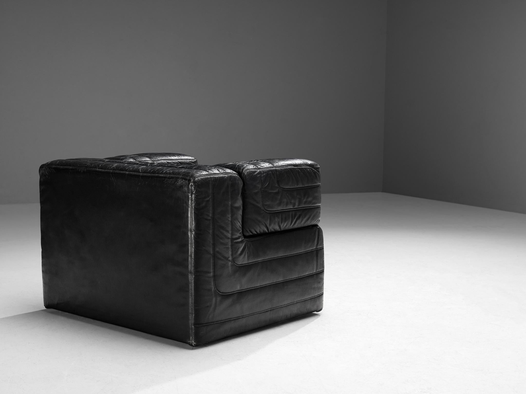 Italian Cubic Lounge Chair in Black Leather