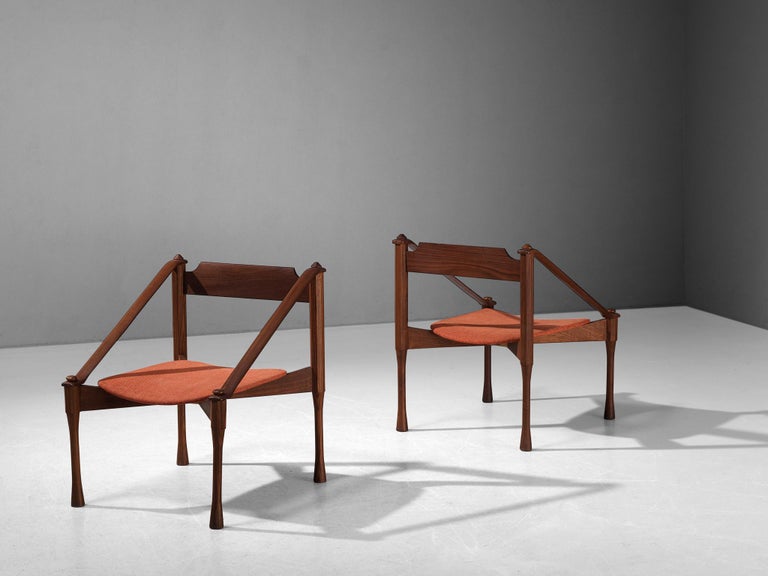 Giulio Moscatelli Pair of Armchairs in Teak and Red Upholstery