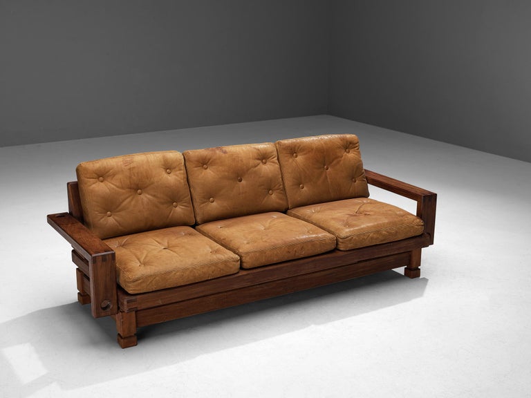 Eccentric French Sofa in Teak and Cognac Brown Leather