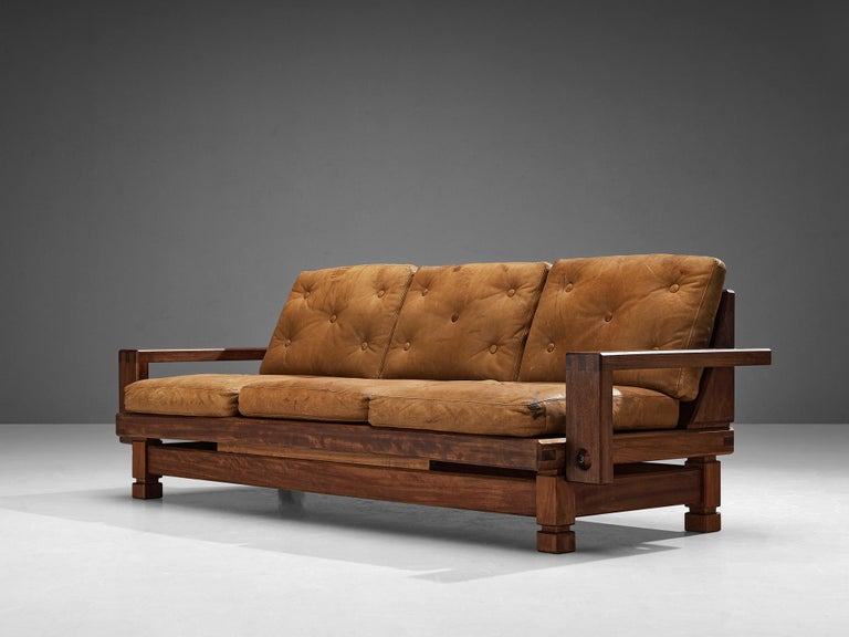 Eccentric French Sofa in Teak and Cognac Brown Leather