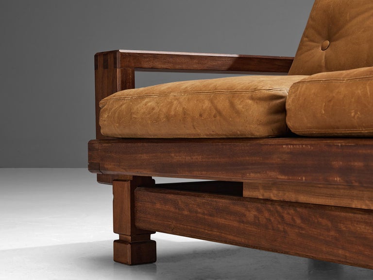 Eccentric French Sofa in Teak and Cognac Brown Leather