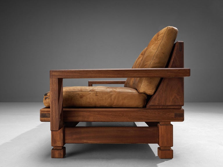 Eccentric French Sofa in Teak and Cognac Brown Leather