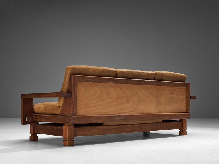 Eccentric French Sofa in Teak and Cognac Brown Leather