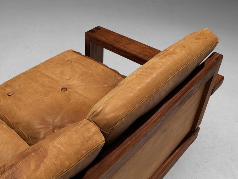 Eccentric French Sofa in Teak and Cognac Brown Leather