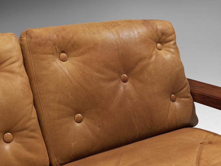 Eccentric French Sofa in Teak and Cognac Brown Leather