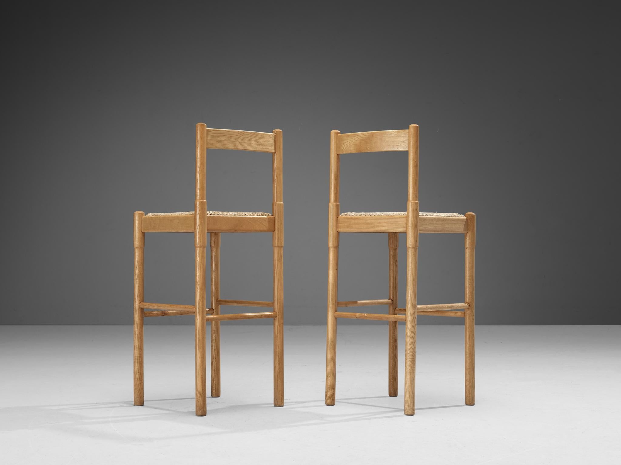 Vico Magistretti Pair of Barstools in Ash and Straw