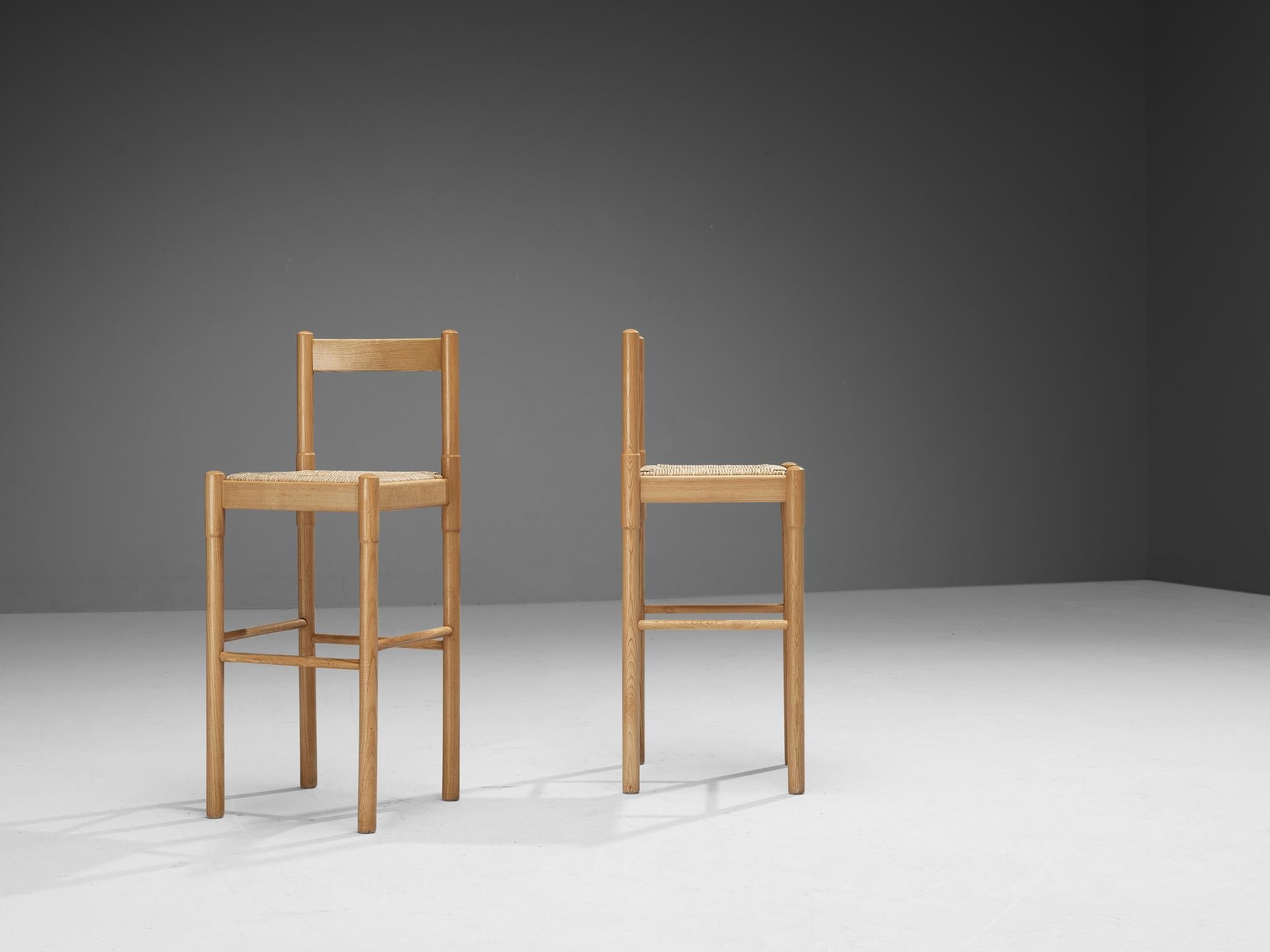 Vico Magistretti Pair of Barstools in Ash and Straw