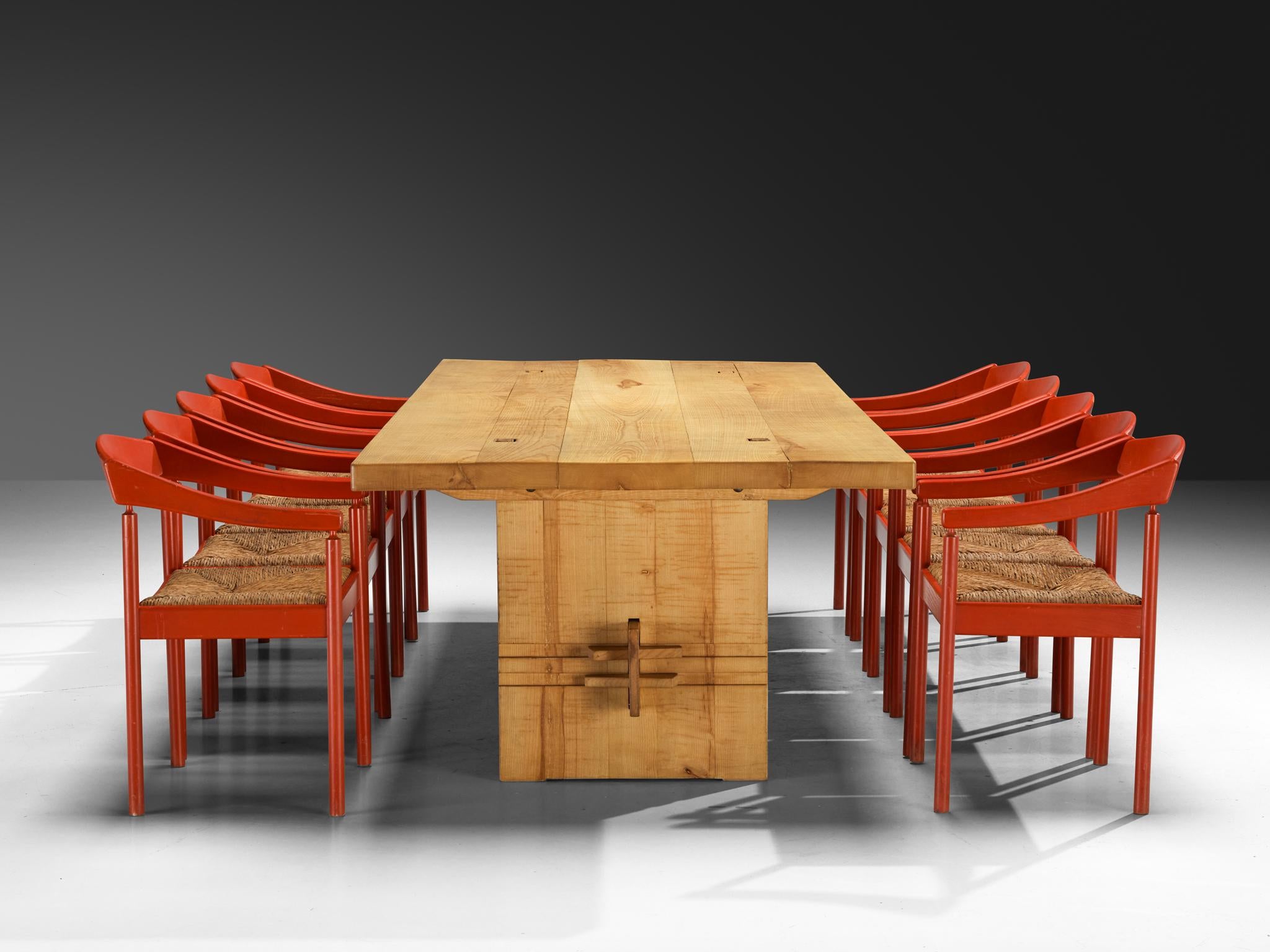 Giuseppe Rivadossi Dining Table in Olive Ash with Red Thonet Armchairs