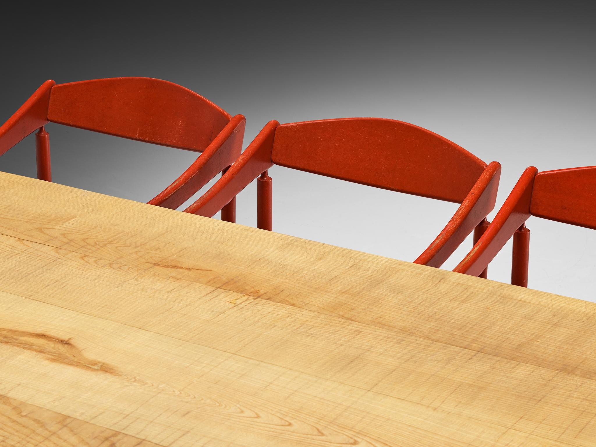 Giuseppe Rivadossi Dining Table in Olive Ash with Red Thonet Armchairs