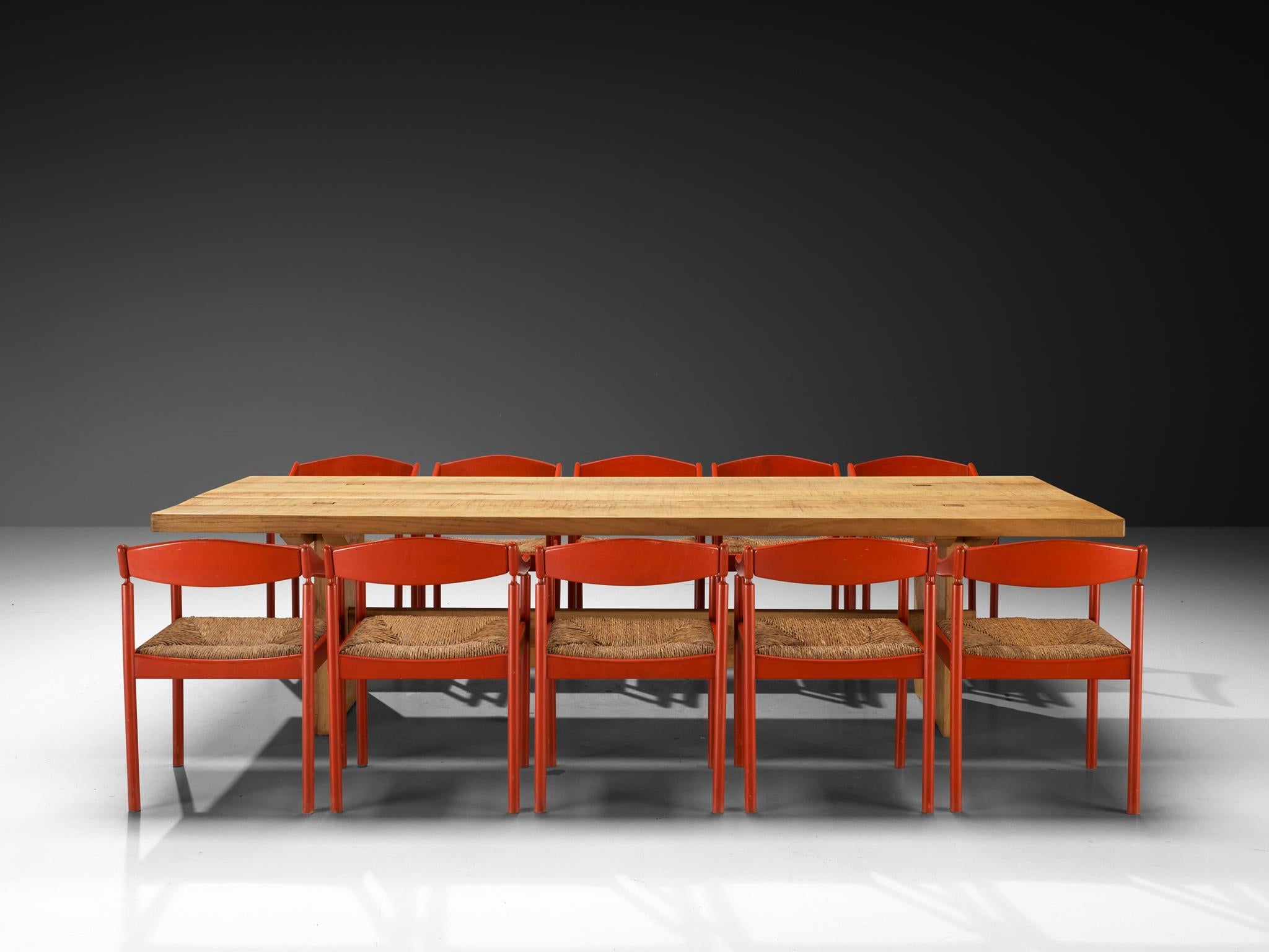 Giuseppe Rivadossi Dining Table in Olive Ash with Red Thonet Armchairs