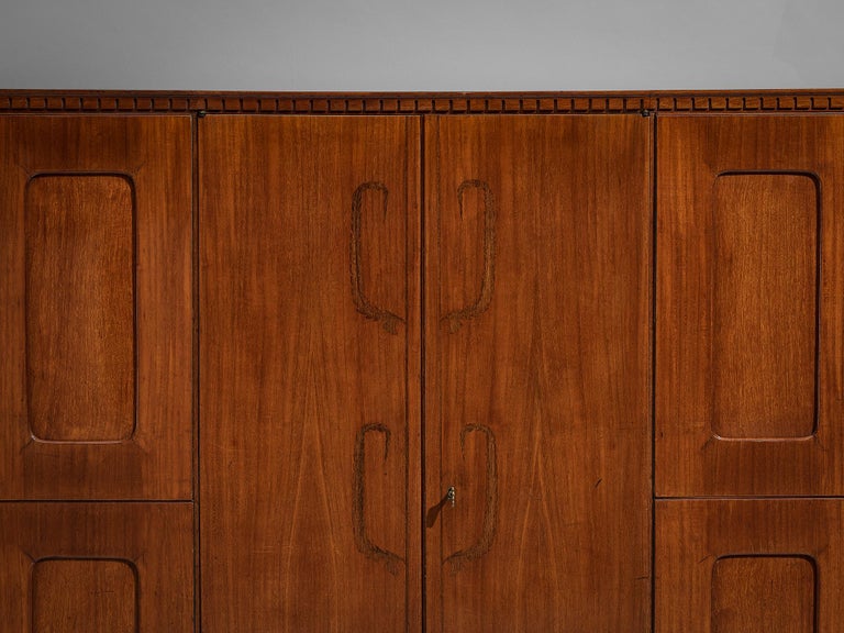 Unique Italian Highboard with Illuminated Interior in Mahogany and Brass