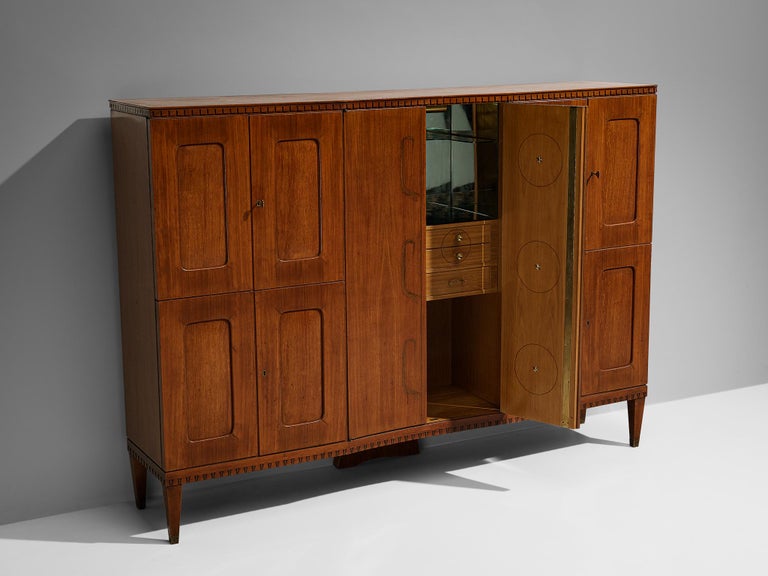 Unique Italian Highboard with Illuminated Interior in Mahogany and Brass