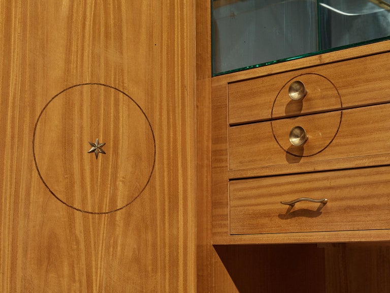 Unique Italian Highboard with Illuminated Interior in Mahogany and Brass