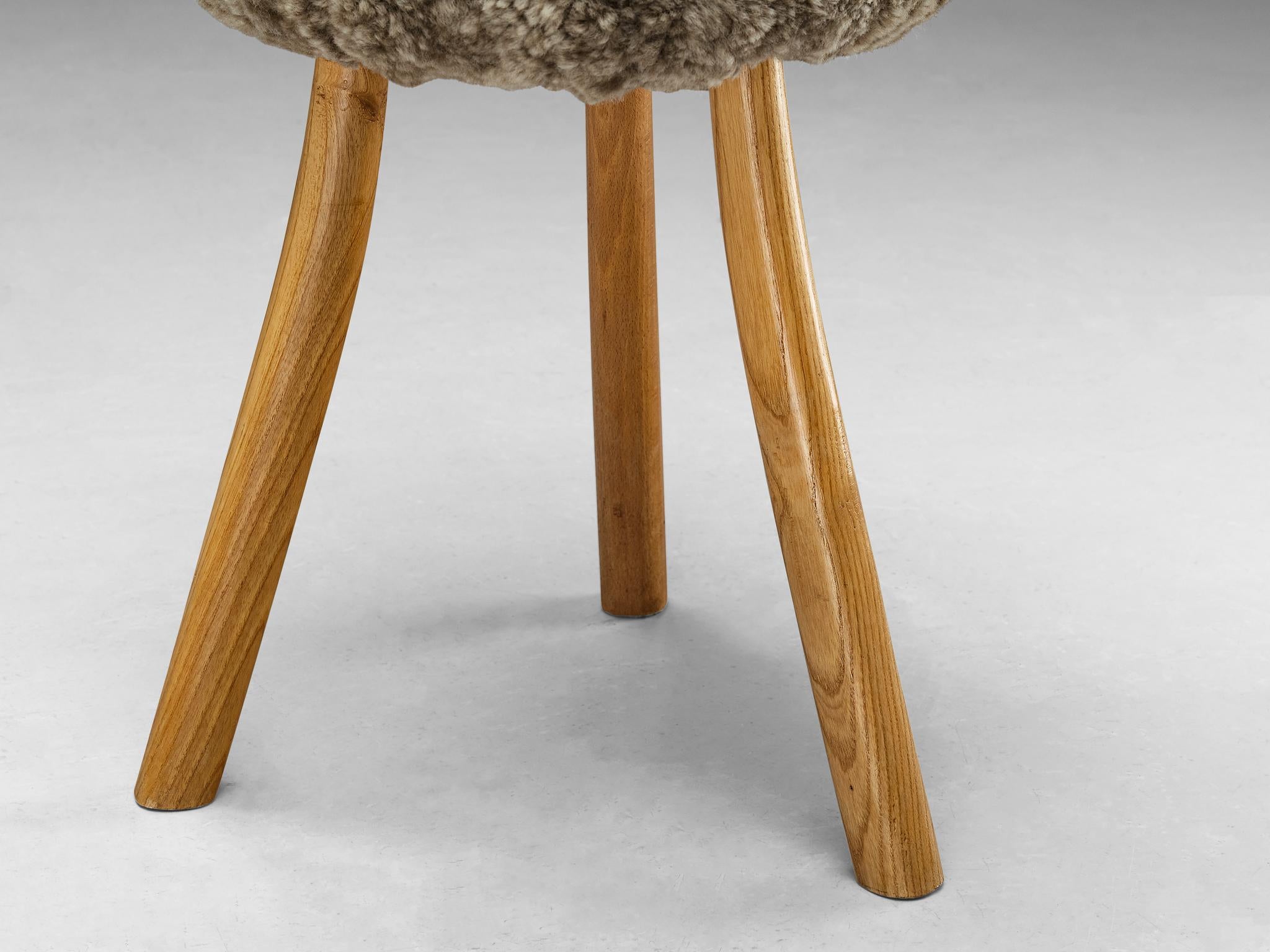 French Tripod Stools in Solid Elm Upholstered in Shearling Wool