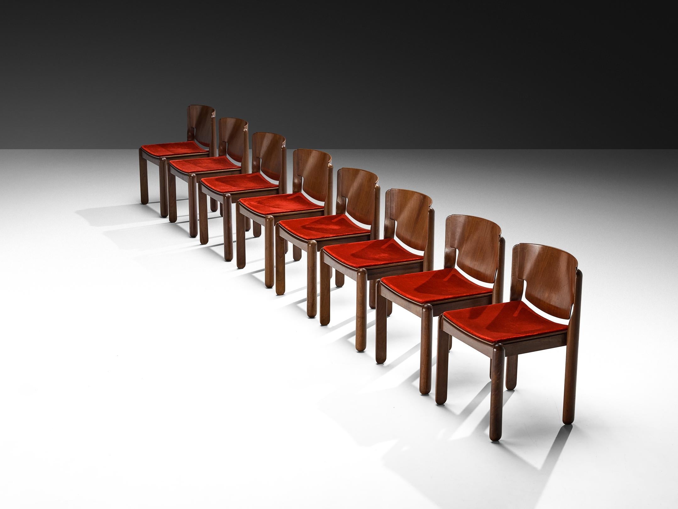 Vico Magistretti for Cassina Set of Eight Chairs in Red Velvet and Walnut