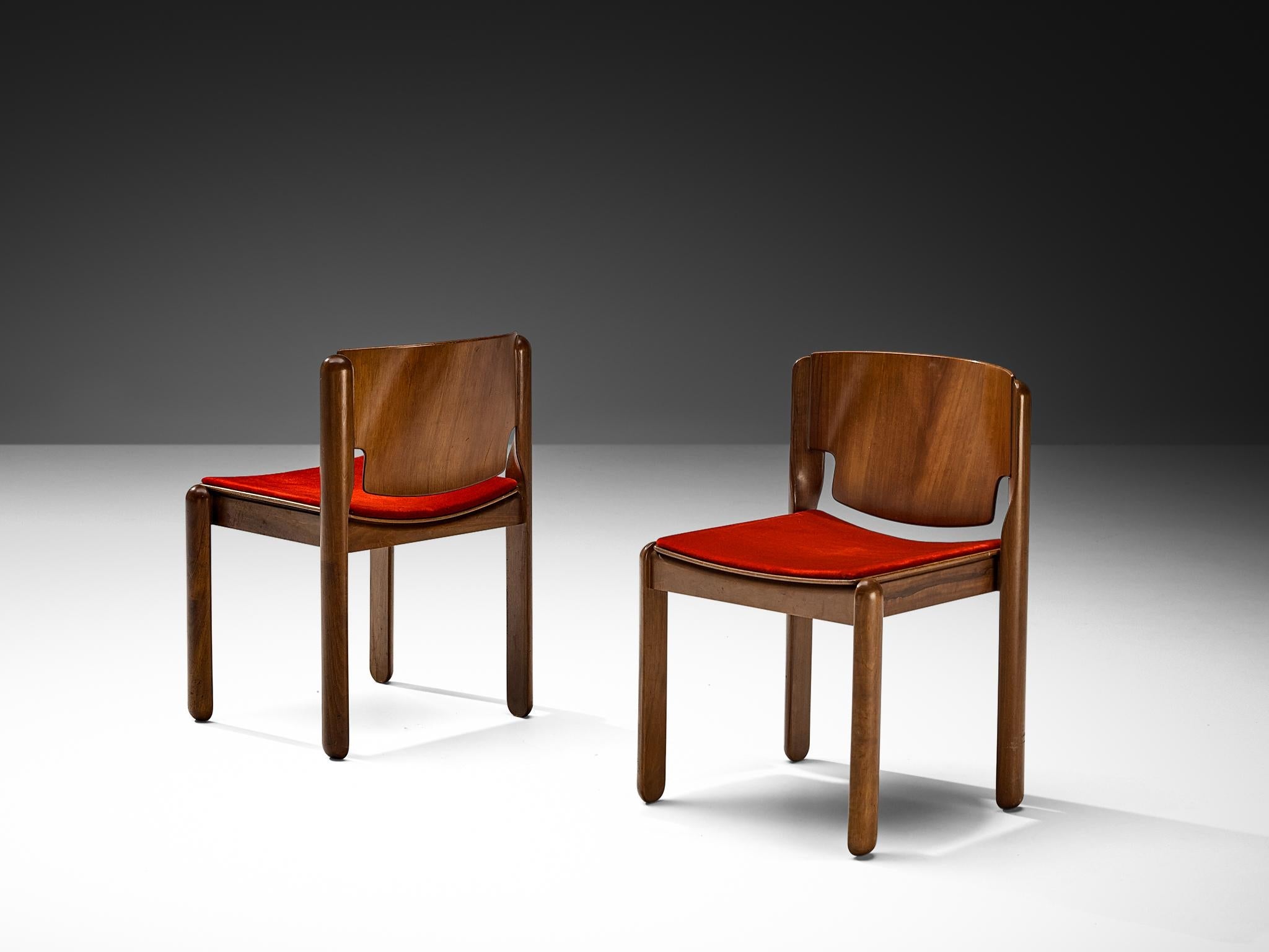 Vico Magistretti for Cassina Set of Eight Chairs in Red Velvet and Walnut