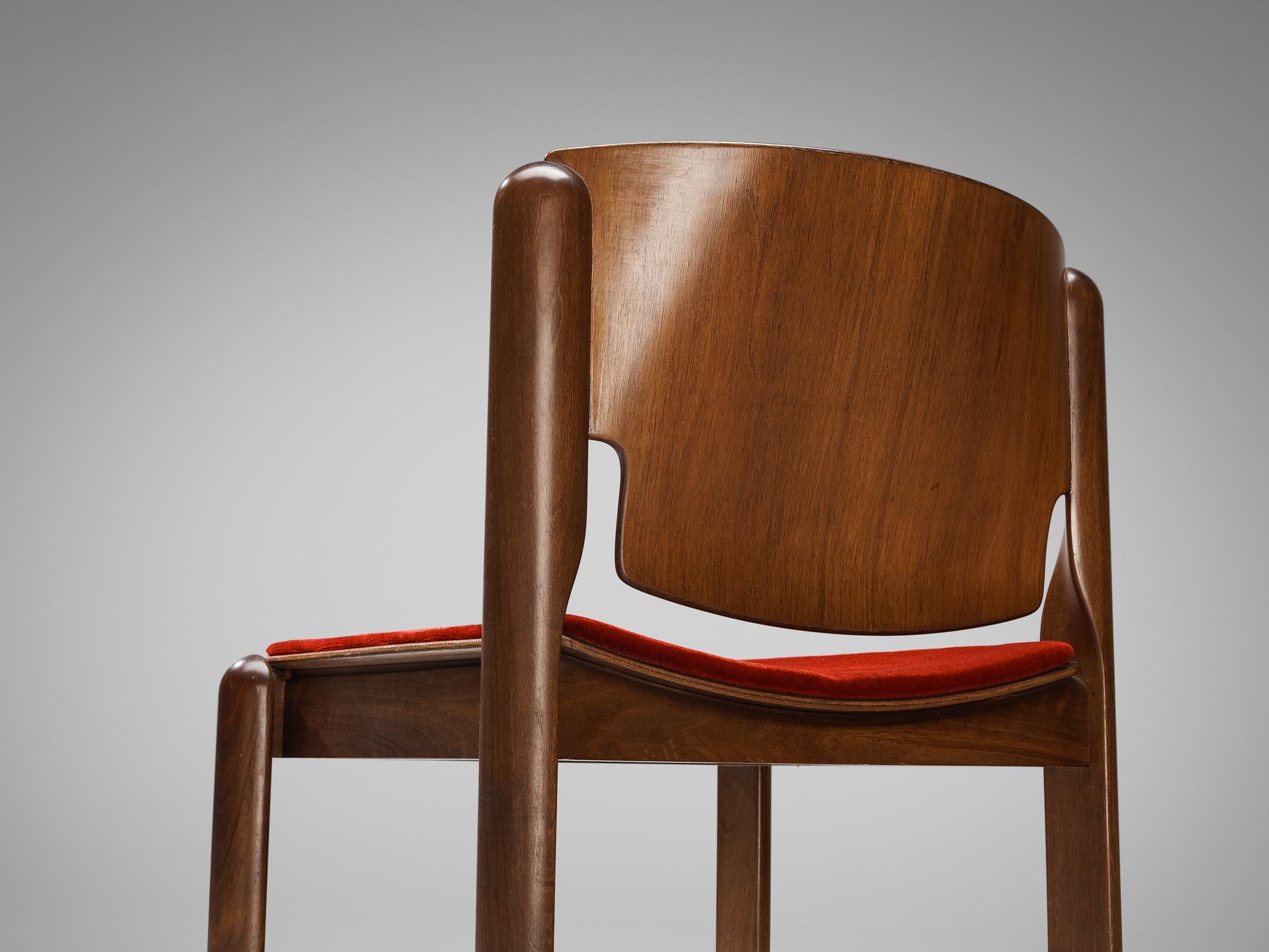 Vico Magistretti for Cassina Pair of Dining Chairs in Red Velvet and Walnut