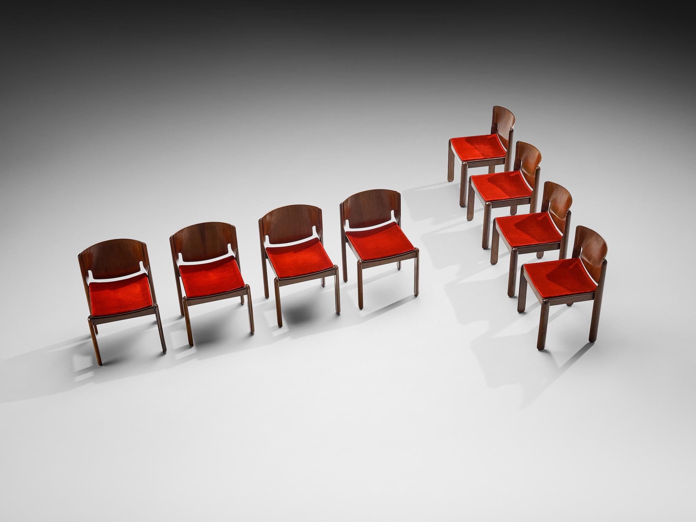 Vico Magistretti for Cassina Set of Eight Chairs in Red Velvet and Walnut