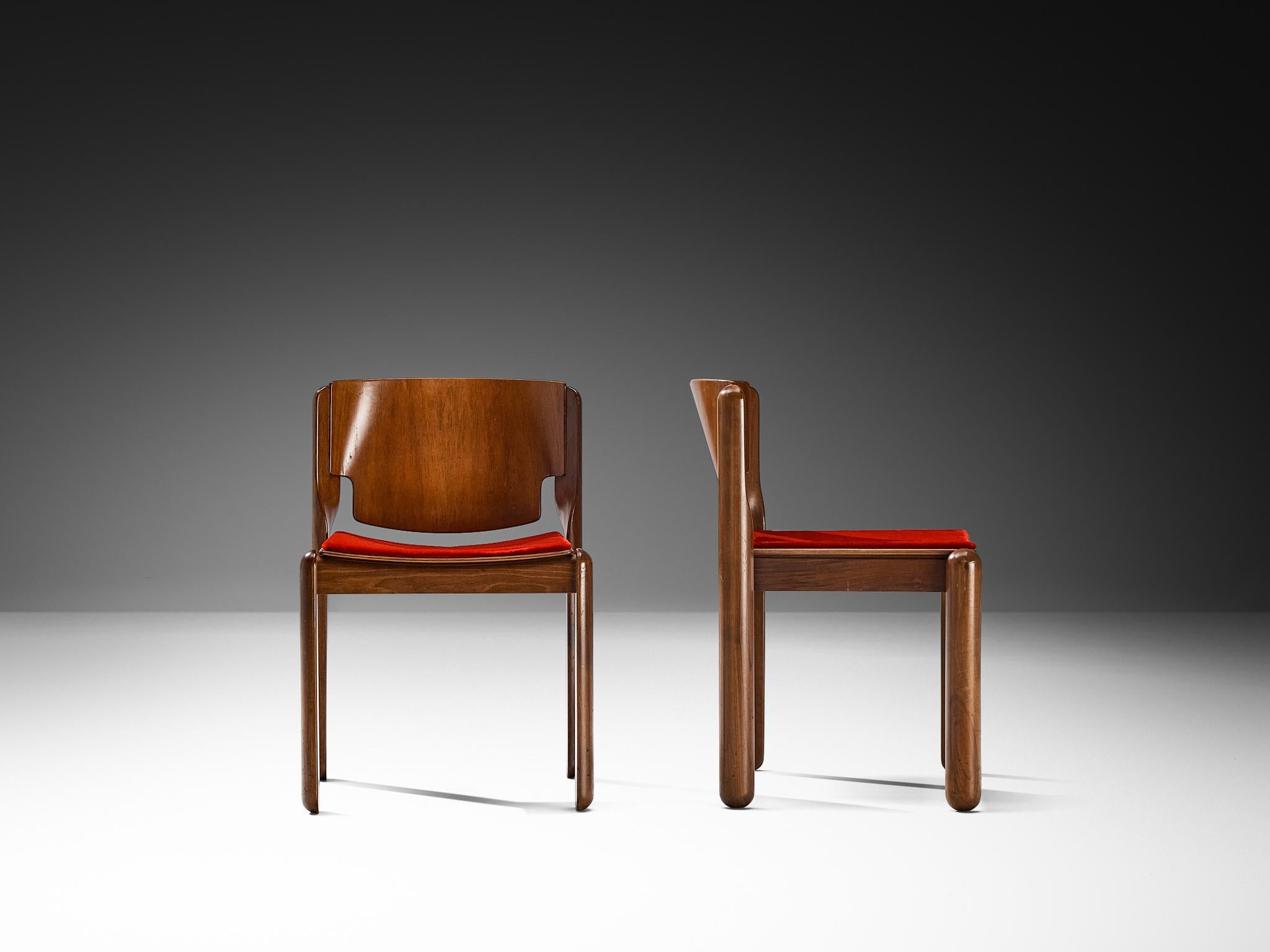 Vico Magistretti for Cassina Set of Eight Chairs in Red Velvet and Walnut