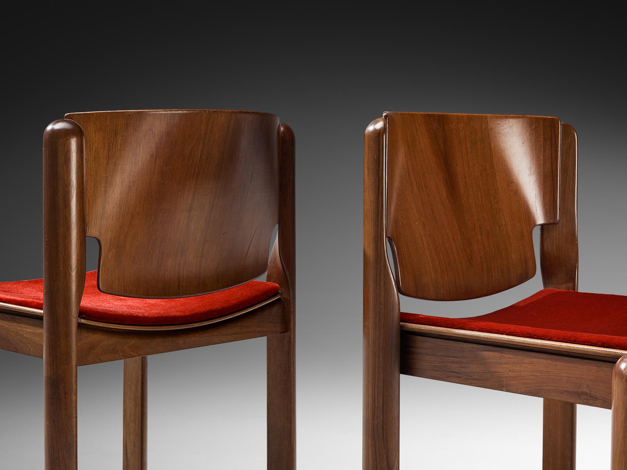 Vico Magistretti for Cassina Set of Eight Chairs in Red Velvet and Walnut