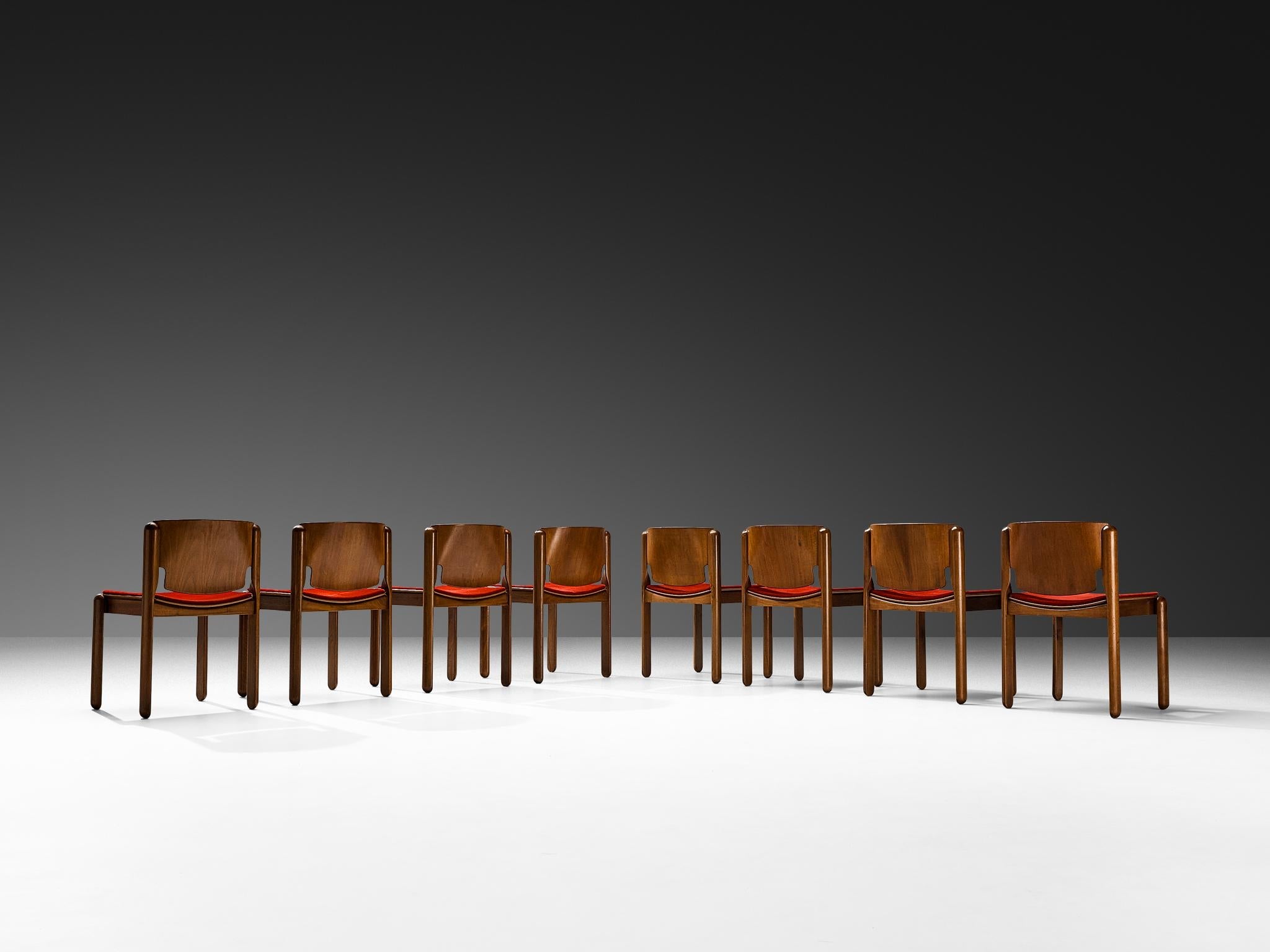 Vico Magistretti for Cassina Set of Eight Chairs in Red Velvet and Walnut