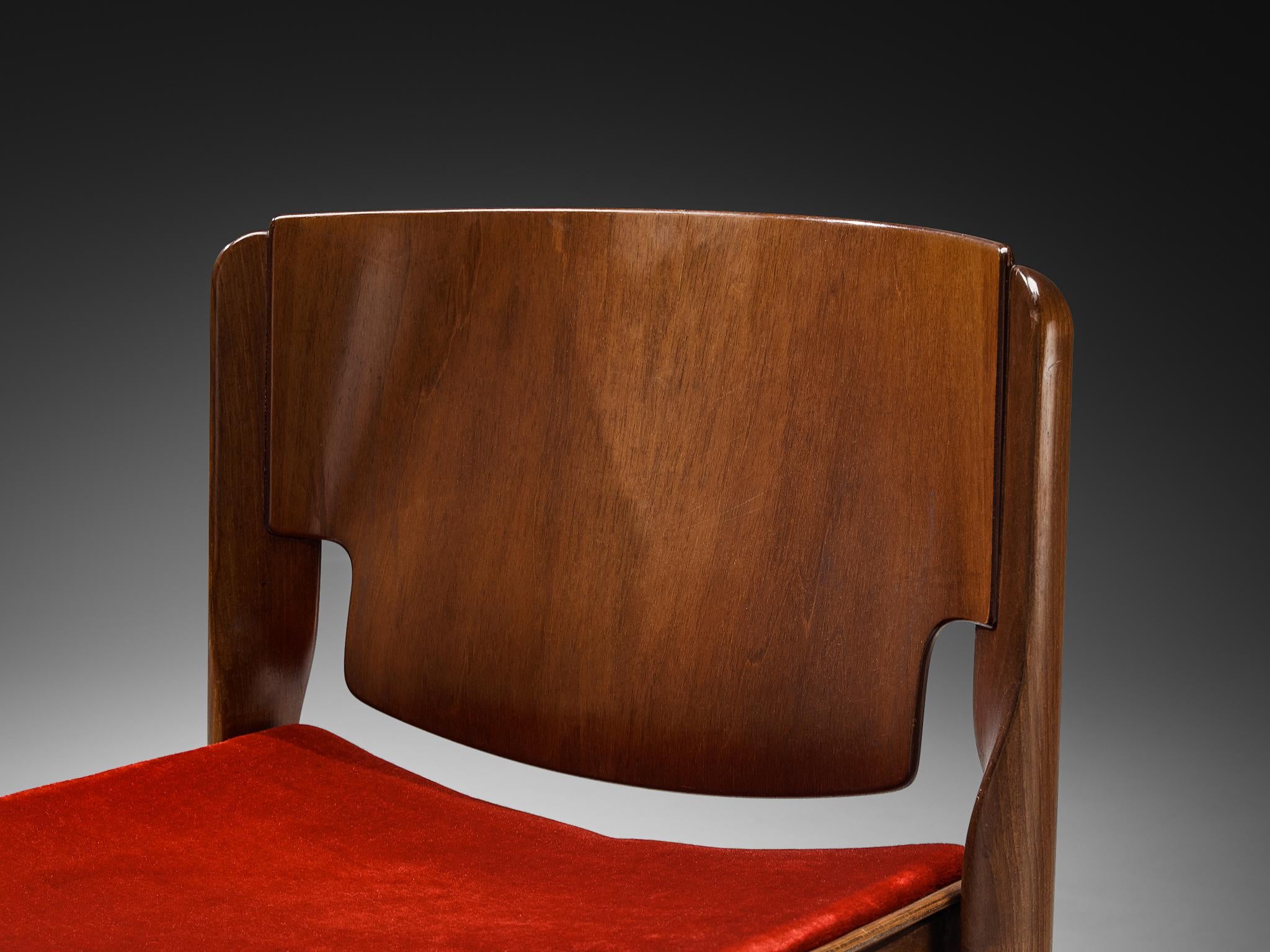 Vico Magistretti for Cassina Set of Eight Chairs in Red Velvet and Walnut