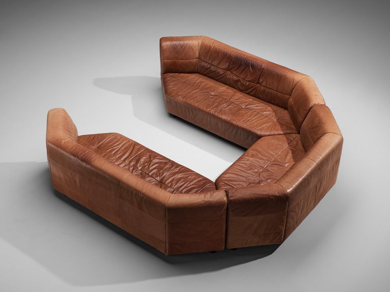 Grand Geometric Sectional Sofa in Cognac Brown Leather