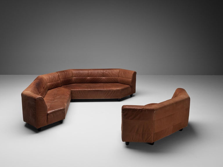 Grand Geometric Sectional Sofa in Cognac Brown Leather