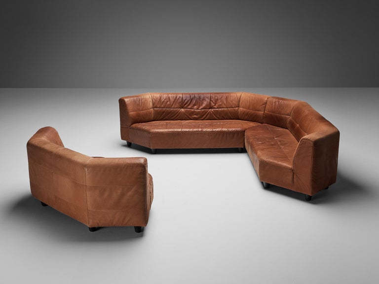 Grand Geometric Sectional Sofa in Cognac Brown Leather