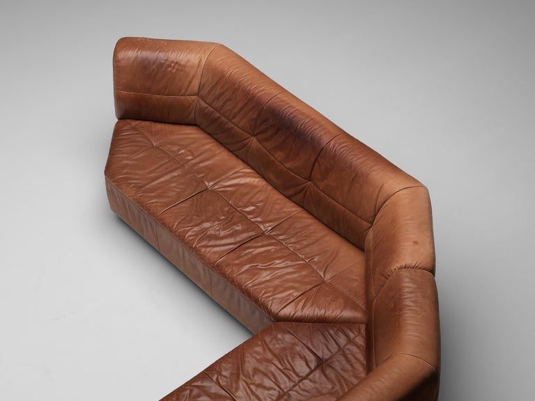 Grand Geometric Sectional Sofa in Cognac Brown Leather