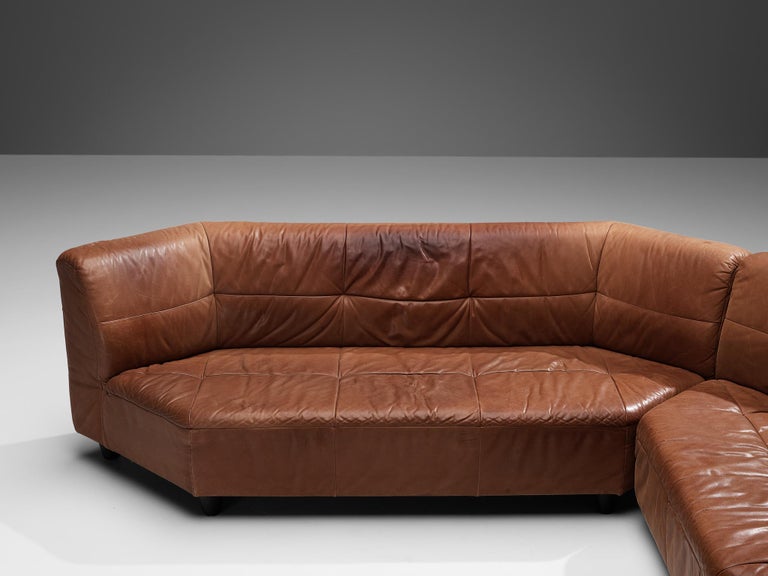 Grand Geometric Sectional Sofa in Cognac Brown Leather