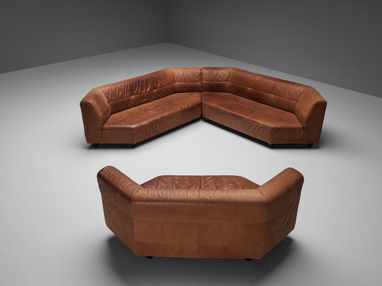 Grand Geometric Sectional Sofa in Cognac Brown Leather