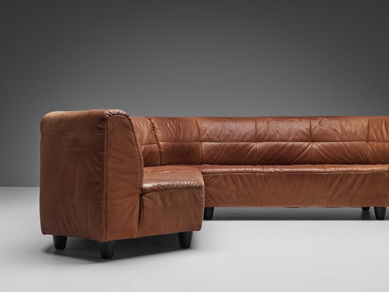 Grand Geometric Sectional Sofa in Cognac Brown Leather