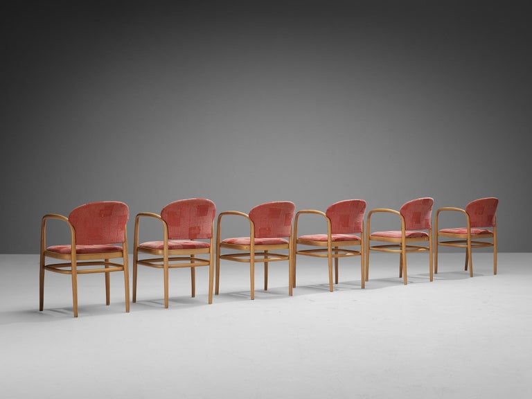 Ton Set of Six Armchairs in Bentwood with Red Upholstery