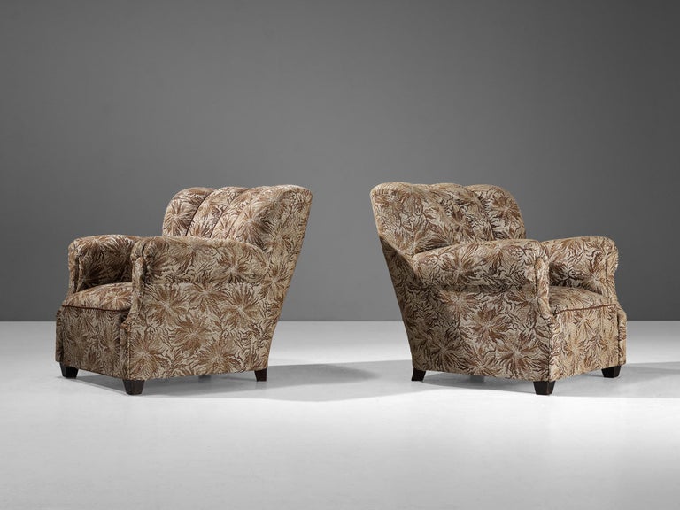 Lounge Chairs in Brown and Beige Floral Upholstery