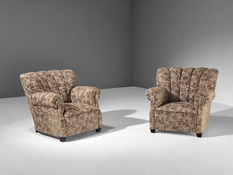 Lounge Chairs in Brown and Beige Floral Upholstery